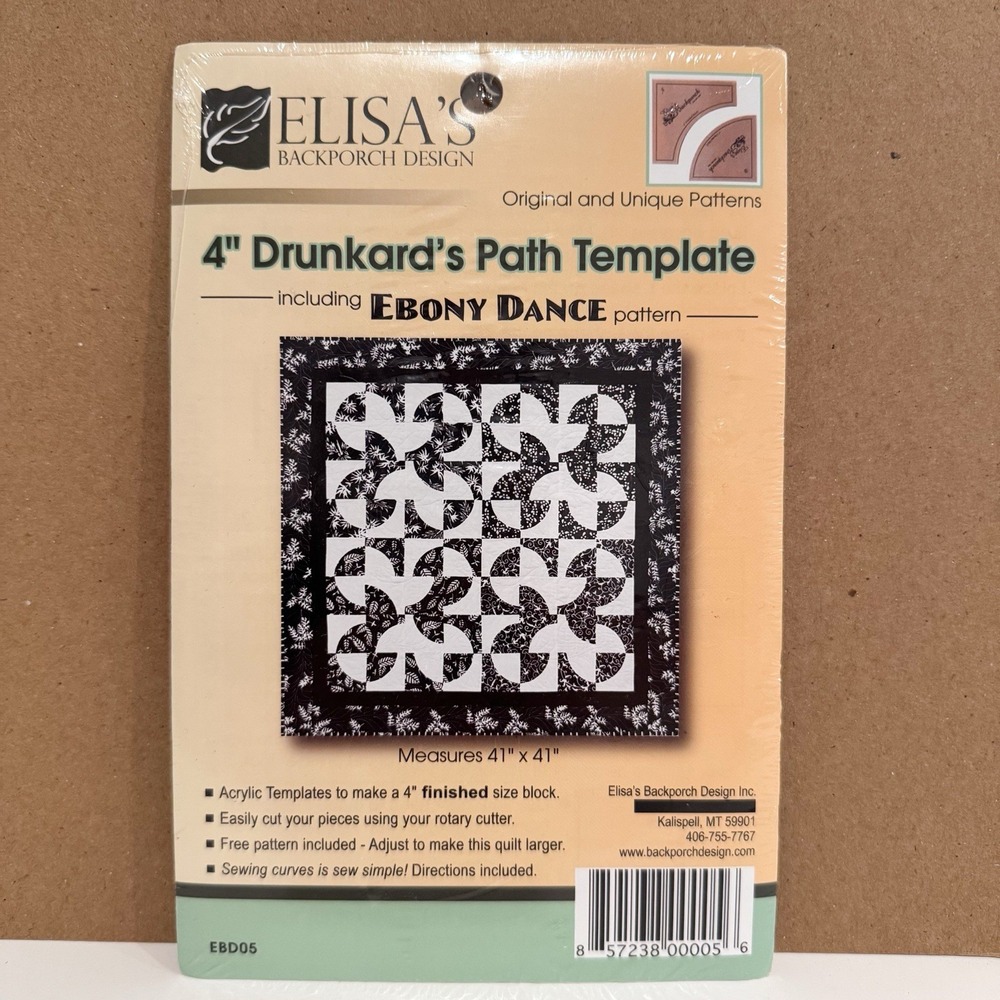 Elisa's Backporch‎ Design 4" Drunkard's Path Quilt Template  EBD05 NEW